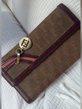 Fendi Brown Monogram Zucca Wallet with Leather Trim Vintage
